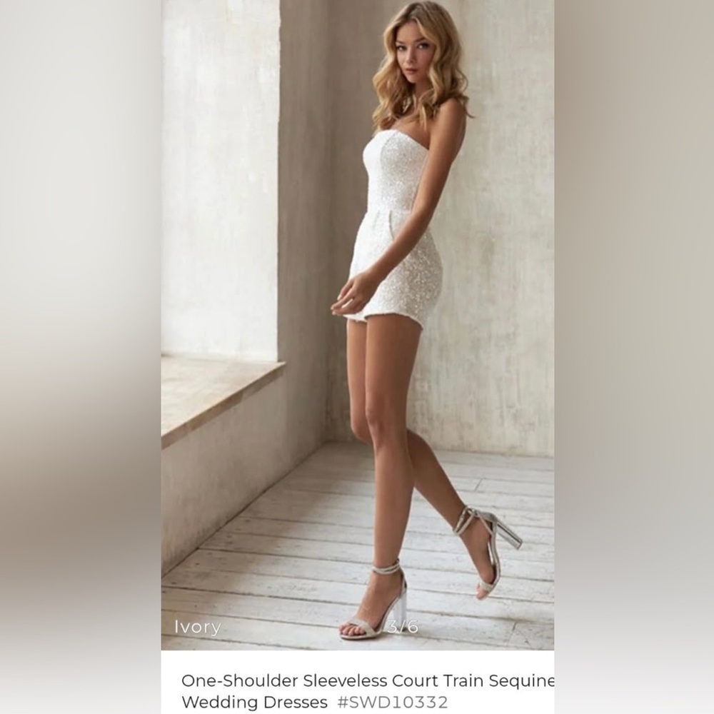 Missacc Ivory One Shoulder Bridal Romper Train Sequin Dress Size 14 Wedding - Picture 2 of 5